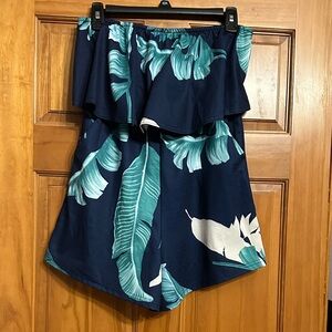 Tropical Leaf Print Strapless Romper